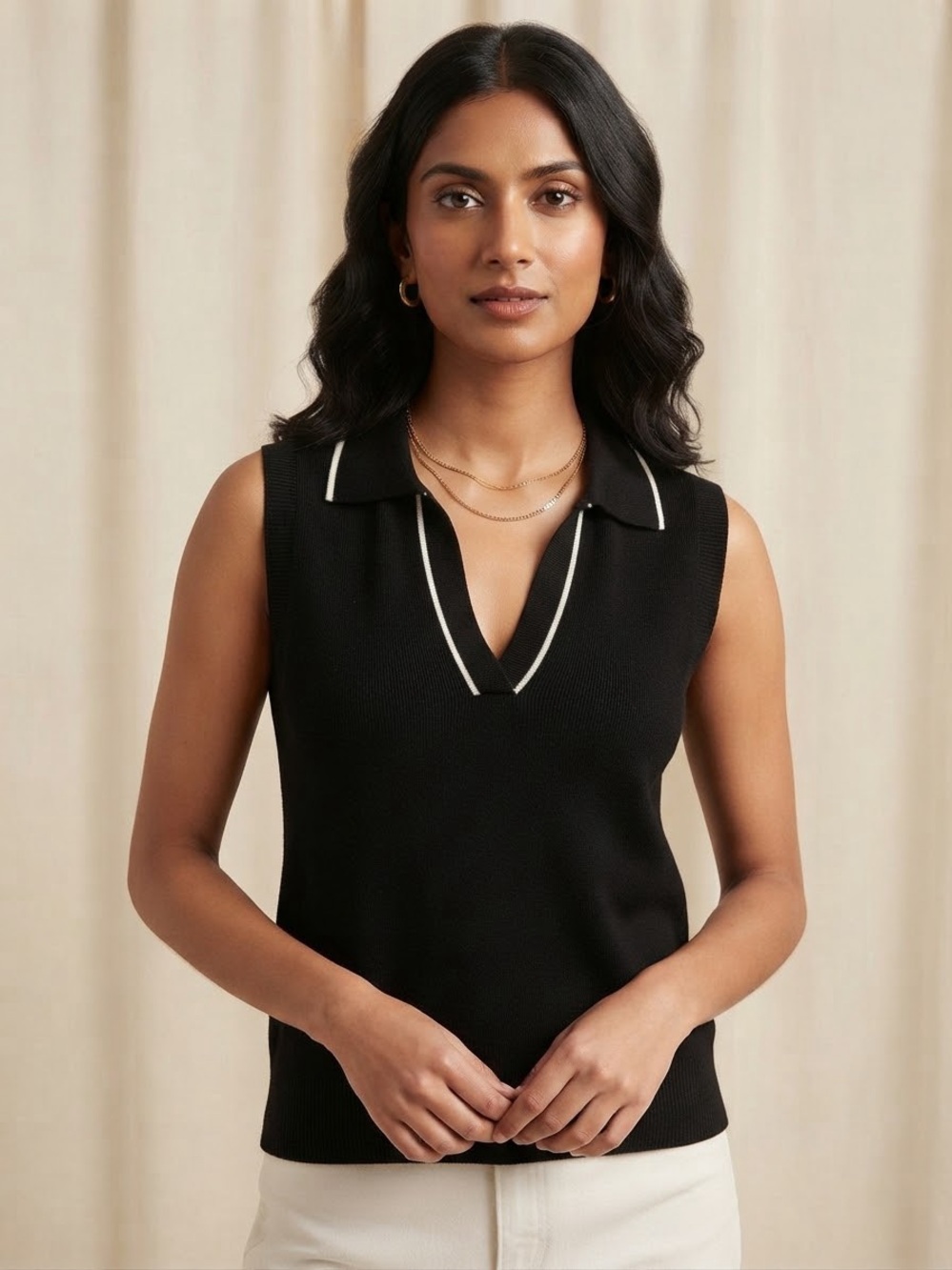 Mango Black Sleeveless Crewneck Polo-Style Sweater with White Trim